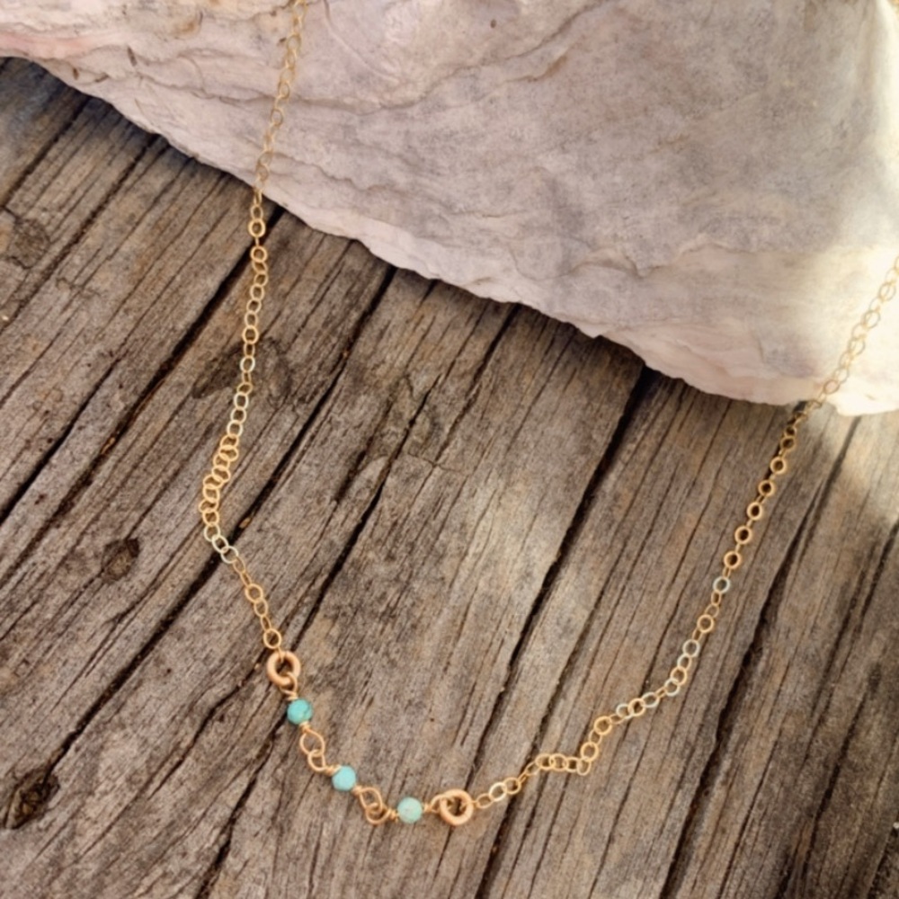 Handmade dainty wire wrapped turquoise stones gold filled necklace.  Layer up